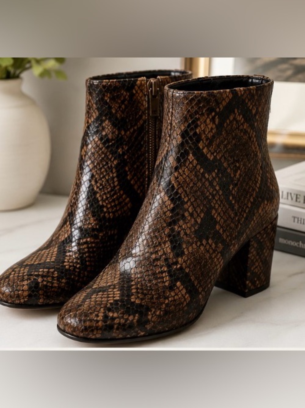 Laura Snakeskin Print Ankle Boots – Women’s Size 6 – Block Heel